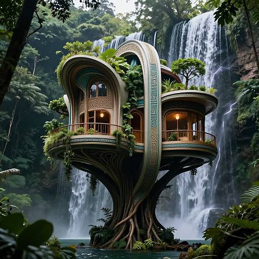 Fantastical, treehouse-like structure with curved, ornate balconies and lush greenery, suspended above a powerful waterfall in a dense jungle.