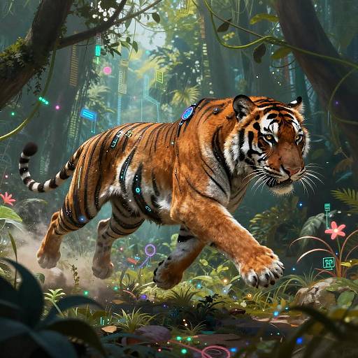 Cyber-Tiger Leaping Through Neon Jungle