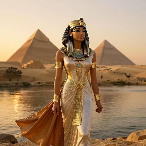 Photograph of an Egyptian woman with dark skin and black and blue striped headdress, wearing a golden and white dress, standing by a river with py