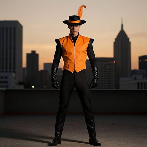 Photograph of a man in an orange vest, black pants, and gloves, wearing a black hat with an orange feather, standing on a rooftop at