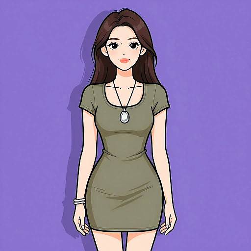 Digital anime-style drawing of a fair-skinned woman with long brown hair, wearing a green dress, necklace, and bracelet, against a purple background.