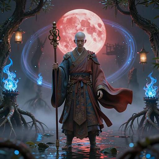 Stoic Cybernetic Monk in Bioluminescent Mangroves