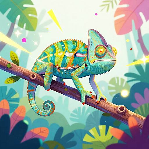 Colorful digital illustration of a vibrant chameleon with neon stripes perched on a branch, set against a bright, tropical background.