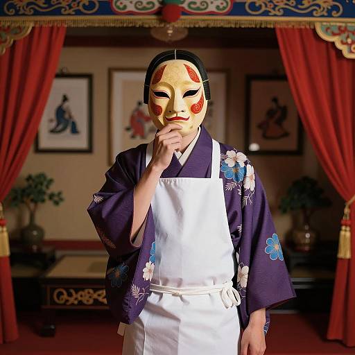Person in Japanese mask and kimono with apron