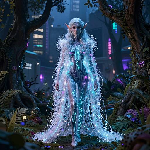 Digital fantasy artwork of an elf woman with glowing blue and purple lights covering her body, standing in a dark, neon-lit forest.