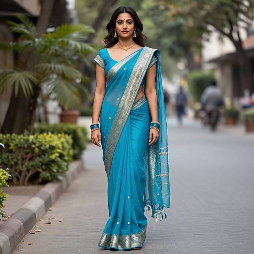 Photograph of a confident Indian woman with long black hair, wearing a blue saree with silver embellishments, standing on a tree-lined street.