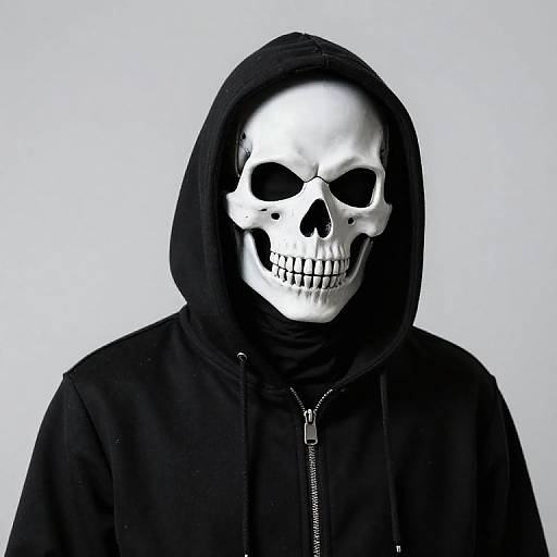 Photograph of a white skull with black eye sockets and mouth, wearing a black hooded sweatshirt against a plain white background.