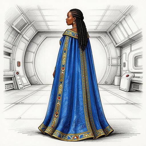 Digital illustration of a Black woman with braided hair, wearing a vibrant blue, gold-embroidered, floor-length cloak in a futuristic, white