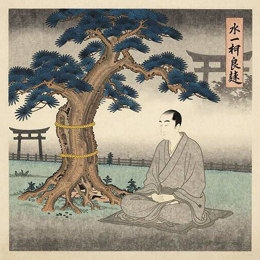 Ukiyo-e woodblock print of a Zen monk in a gray kimono, kneeling beside a bound tree, with a torii gate in the