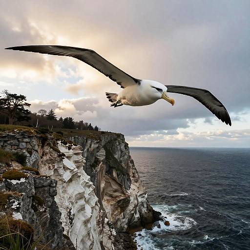 Photograph of a large albatross with outstretched wings soaring over a rocky cliffside overlooking a stormy ocean during sunset.