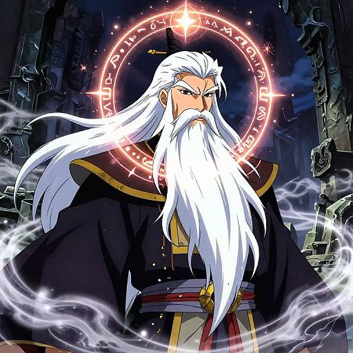 Digital anime-style illustration of a stern, white-bearded wizard with a glowing magical circle, dark robes, and smoky aura in a gothic cathedral