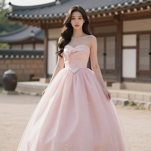 Elegant Woman in Pink Gown Outdoors