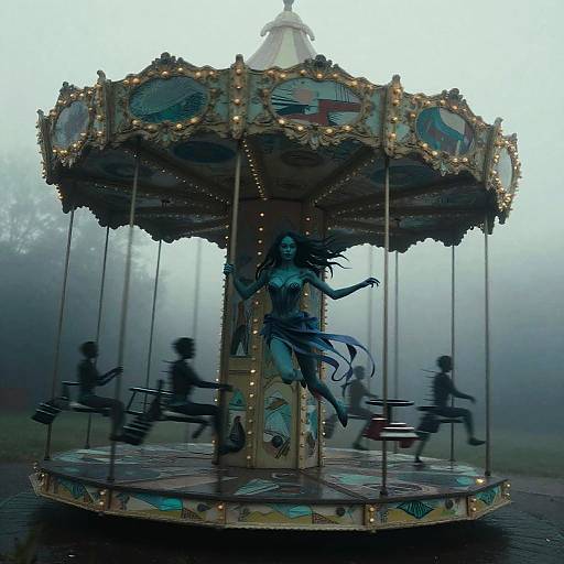 Photograph of a foggy, ornate carousel with a blue, wind-swept, dancing fairy statue at its center, surrounded by blurred,