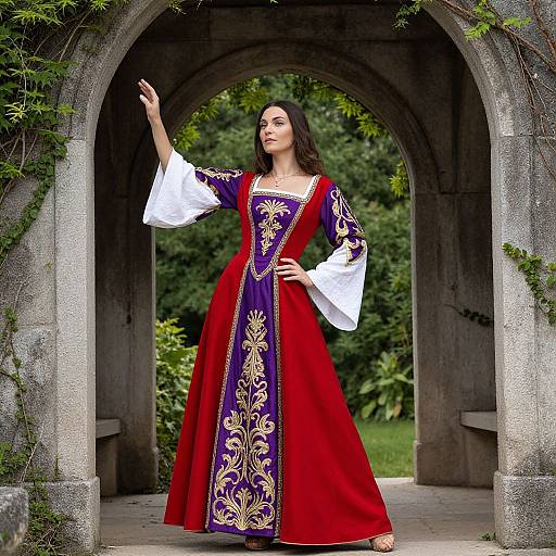 Photograph of a dark-haired woman in a medieval-style red and purple gown with gold embroidery, standing in a stone archway surrounded by greenery.