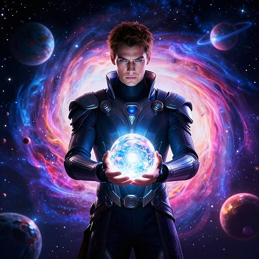 Photorealistic digital art of a serious young man in black sci-fi armor holding a glowing Earth, set against a vibrant, colorful galaxy with planets.