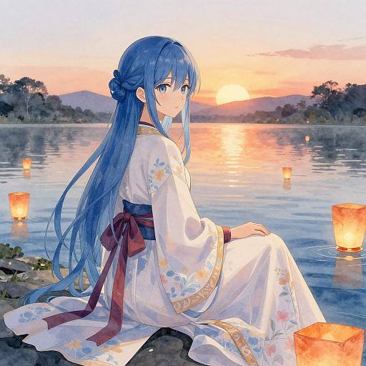 Anime-style digital drawing of a blue-haired woman in a white floral kimono, sitting by a tranquil lake at sunset, surrounded by floating lanterns.