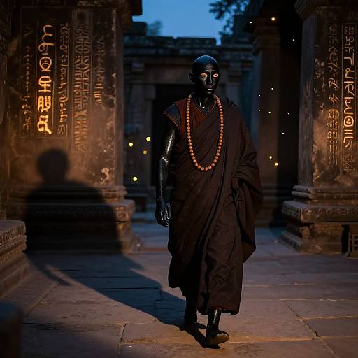 Photograph of a black, metallic, bald-headed figure in black robe and orange bead necklace, walking through ancient, dimly-lit temple with glowing