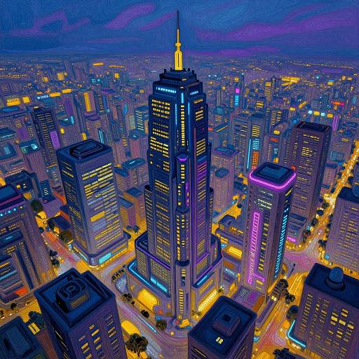 Vibrant digital artwork of a neon-lit cityscape at night, featuring tall skyscrapers with colorful lights, including a central tower with a