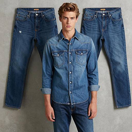 Man Wearing Blue Denim Outfit with Jeans Background