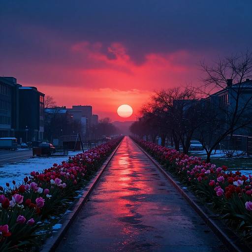 Photograph of a snowy urban pathway lined with blooming red and pink tulips, reflecting a vibrant red-orange sunset sky.