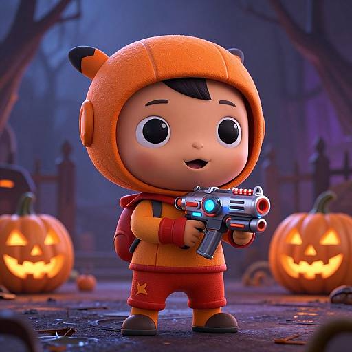 CGI image of a cute, chubby child in an orange pumpkin helmet, holding a glowing gun, standing among glowing jack-o'-lanterns in