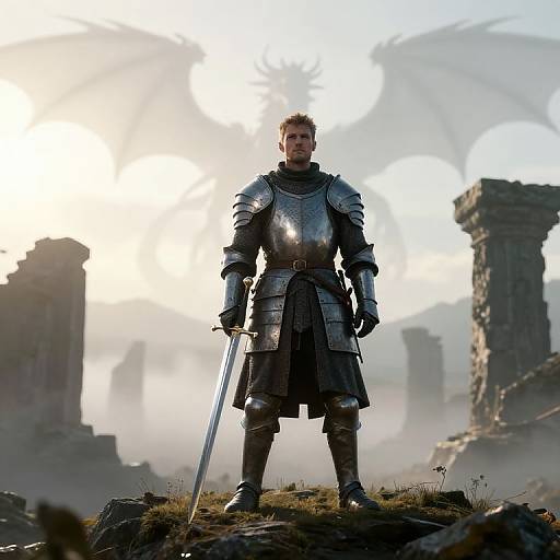 Photorealistic CGI of a muscular, bearded man in silver armor with a sword, standing on grassy ruins, with mist and ancient stone structures