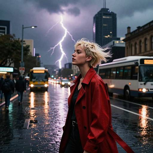 Photograph of a blonde woman with short, wind-swept hair in a red coat, standing on a rainy city street during a thunderstorm with