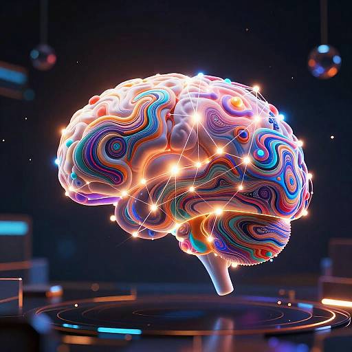 Digital art of a glowing, colorful, abstract brain floating above a dark, futuristic background with illuminated lights and circular patterns.