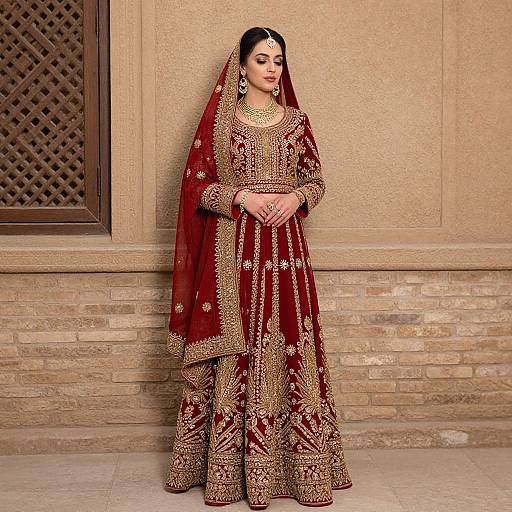 Photograph of a South Asian woman in a rich red and gold embroidered traditional lehenga with a matching veil, standing against a beige brick wall with a