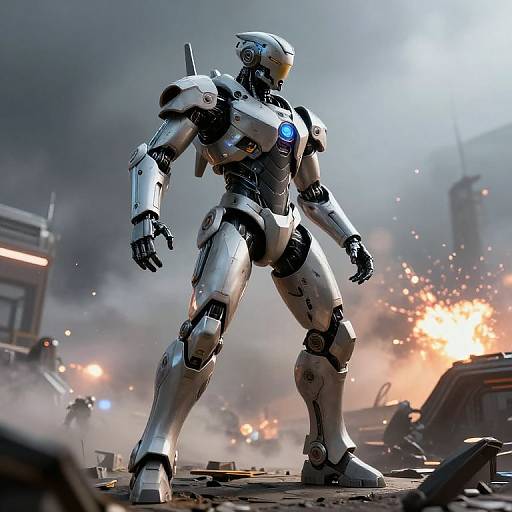 CGI image of a silver, humanoid robot with a blue glowing chest emblem, standing in a war-torn, smoke-filled cityscape with explosions in