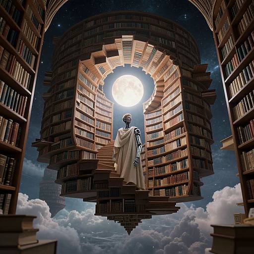 Digital artwork: A humanoid figure in a white robe stands on floating bookshelves, facing a glowing sun, surrounded by starry sky and clouds.