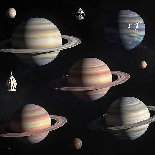 Photorealistic digital artwork of a solar system with Saturn, Jupiter, and other planets with rings, set against a dark space background, featuring a small