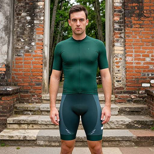 Photograph of a muscular, fair-skinned man with short dark hair, wearing a tight, dark green cycling shirt and black shorts, standing in front