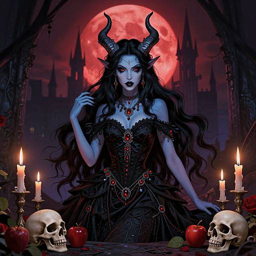 Digital artwork: Dark-haired demon woman with black horns, red moon, black lace dress, red jewels, skulls, candles, and apples. Gothic castle