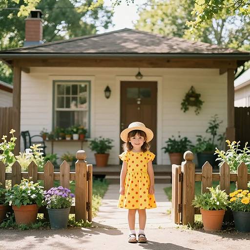 Photograph of a young girl in a yellow polka dot dress and sunhat, standing at a wooden picket gate in front of a quaint white