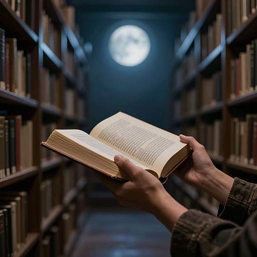 Photograph of hands holding an open book in a dimly lit library aisle, with a bright full moon visible through the window at the end.