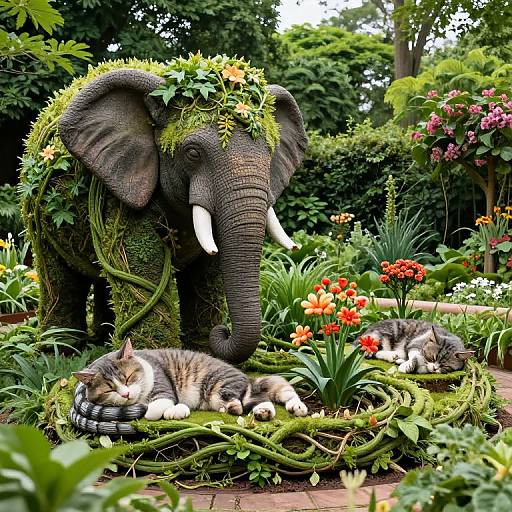 Photograph of a whimsical garden scene with a decorated elephant statue, white tusks, surrounded by greenery and flowers, two sleeping tabby cats