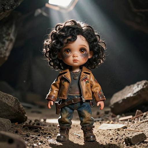 Photorealistic doll with curly black hair, brown leather jacket, denim, and boots, stands in a dark, rubble-filled, sunlit cavern.
