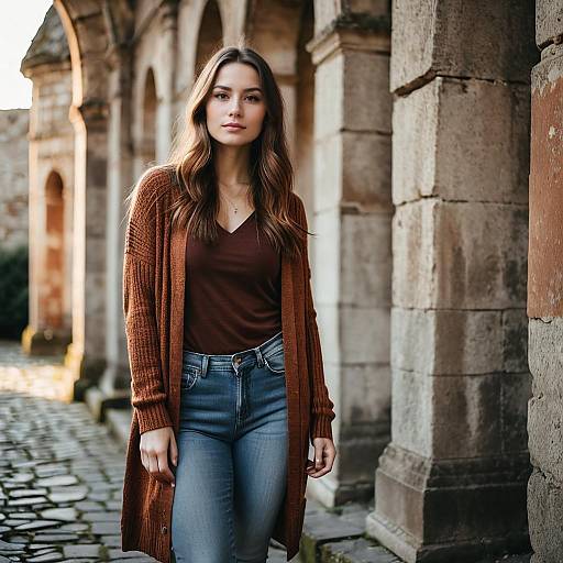 Moody Portrait of Woman by Stone Building