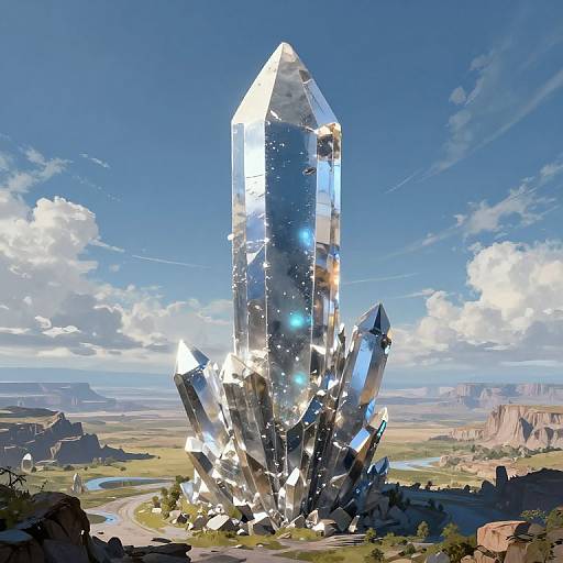 Digital art of a towering, reflective crystal structure with glowing blue accents, set against a bright blue sky and vast desert landscape.