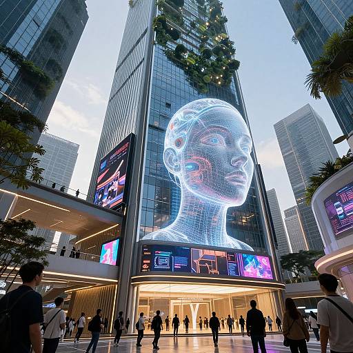 Photograph of a futuristic cityscape with a large illuminated holographic head on a tall building, surrounded by tall skyscrapers, people, and neon