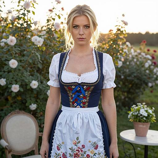Photograph of a blonde woman with blue eyes wearing a traditional Bavarian dirndl with floral embroidery, standing in a blooming rose garden at sunset.