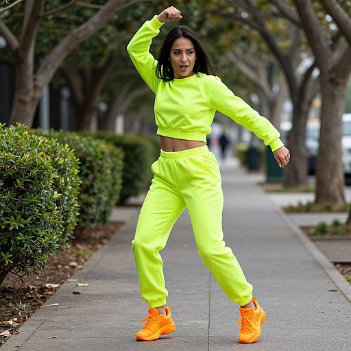 Photograph of a young woman with dark hair, wearing a neon yellow crop top and matching pants, striking a pose on a tree-lined sidewalk in bright