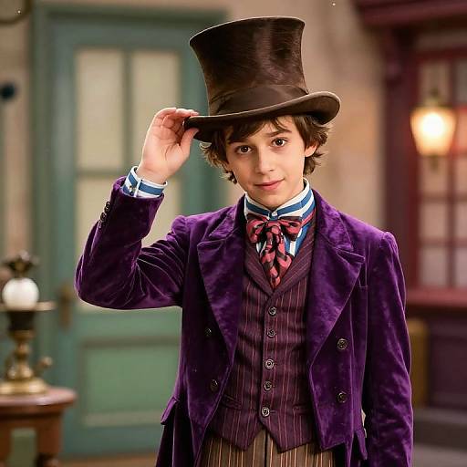 Photograph of a young man with wavy brown hair, wearing a black top hat, purple velvet jacket, striped waistcoat, and bow tie,