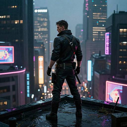 Cyberpunk Lone Warrior on Rooftop
