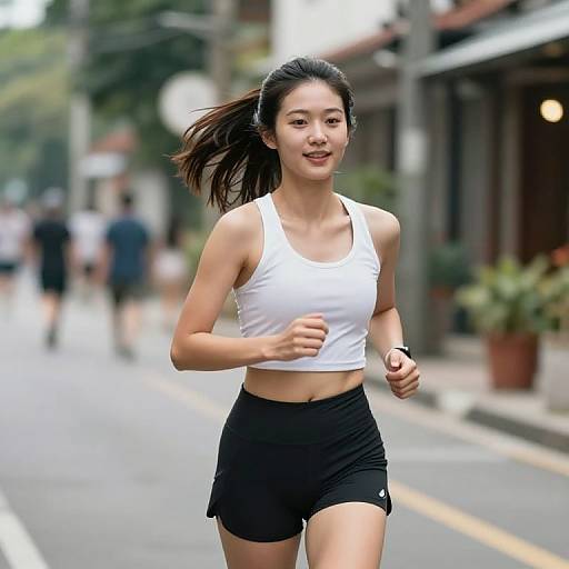 Photograph of an Asian woman with long dark hair running on a wet, urban street, wearing a white tank top and black shorts, with blurred pedestrians