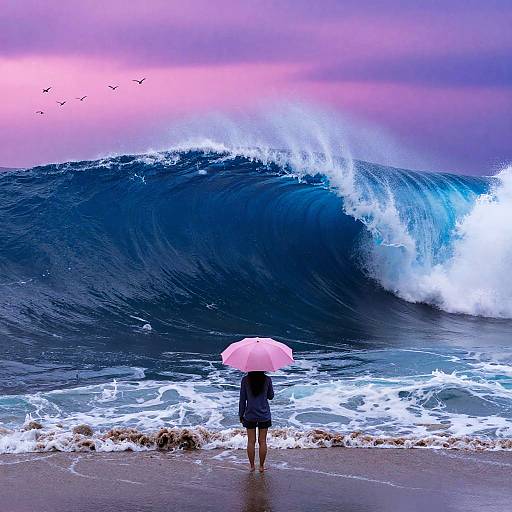 Pink Umbrella Facing Vivid Wave
