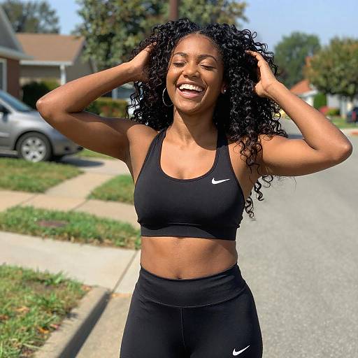 Joyful Woman on Sunny Suburban Street