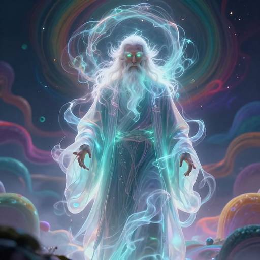 Digital art of a glowing, ethereal wizard with a white beard and green eyes, surrounded by swirling blue lights and colorful cosmic clouds.