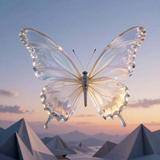 Photograph of a glowing, translucent butterfly with illuminated edges, hovering above a geometric mountain landscape at sunset.